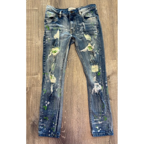FWRD Denim & Co Kids Distressed Green Paint Splatters Slim Fit Jeans Size 14 - Picture 1 of 5